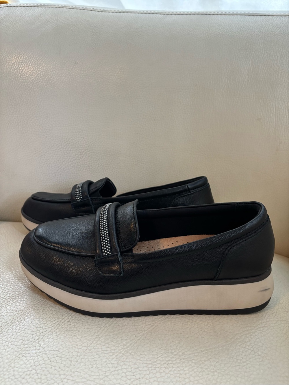 Clarks Black Leather Platform Loafers with Detailed Strap